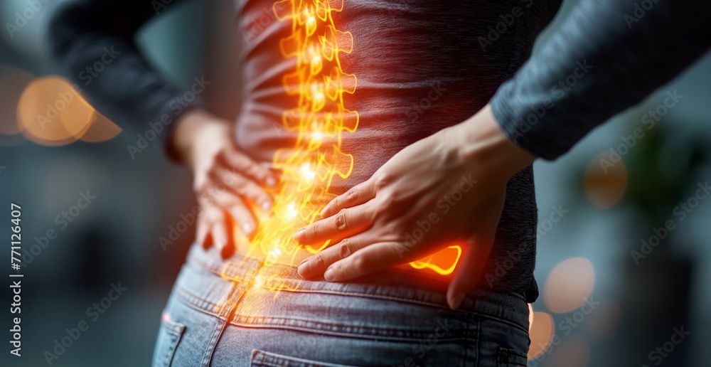 A woman is holding her back in pain because of a backache.