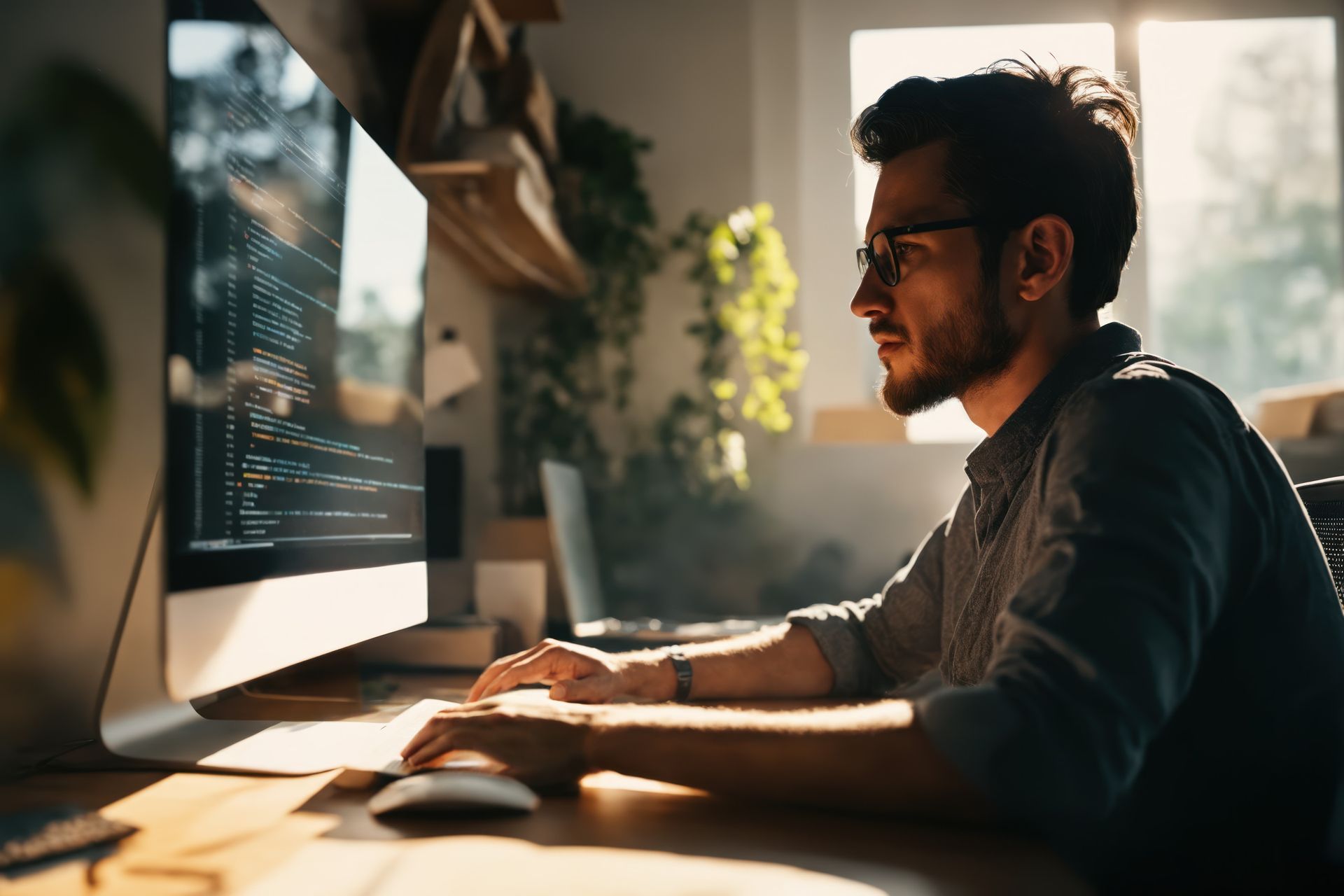 A man is sitting at a desk using a computer.