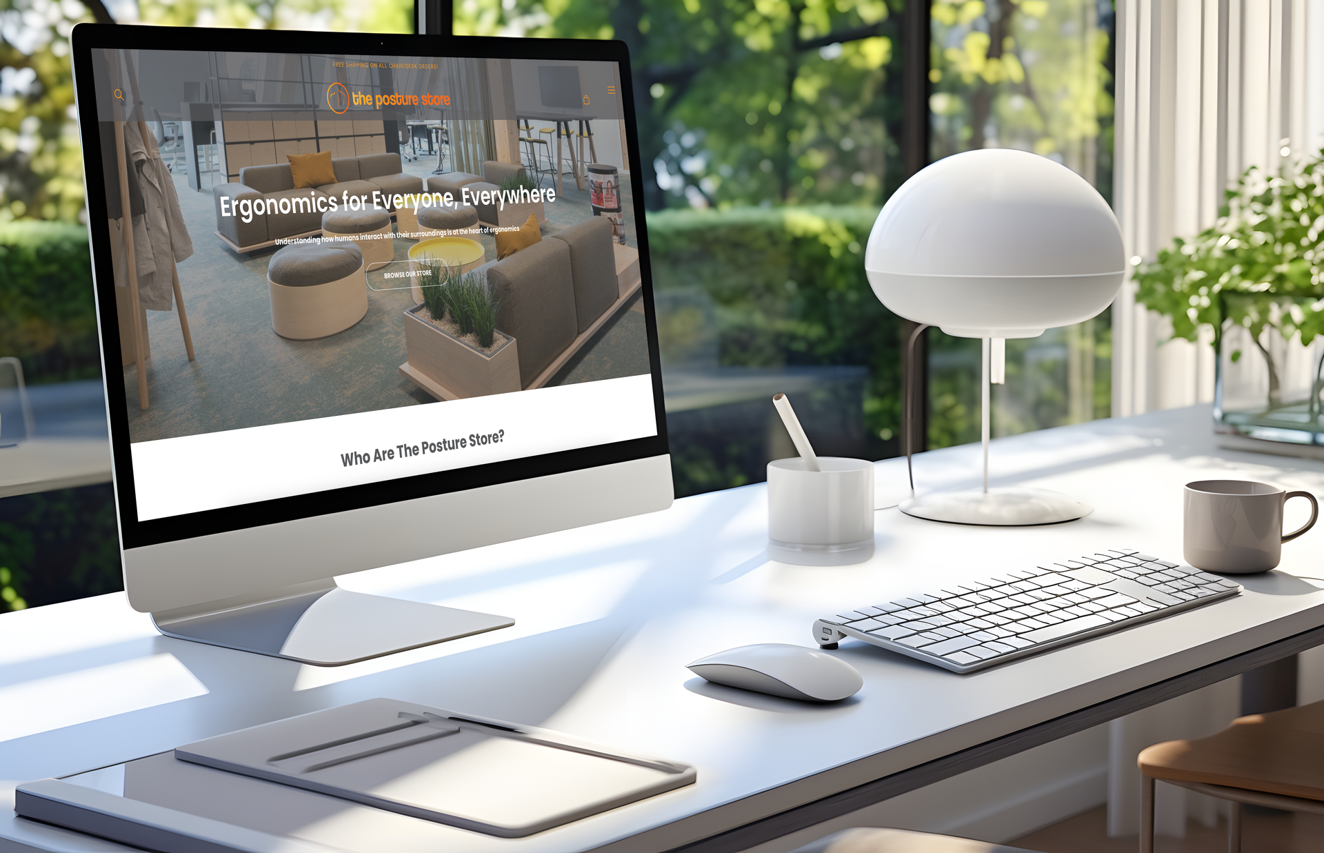 A computer is sitting on a desk in front of a window.