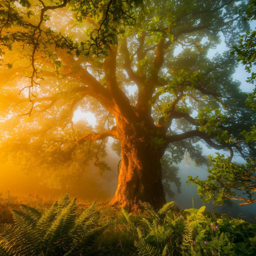 Majestic oak tree with fall foliage in golden sunlight and morning fog in Richmond Virginia