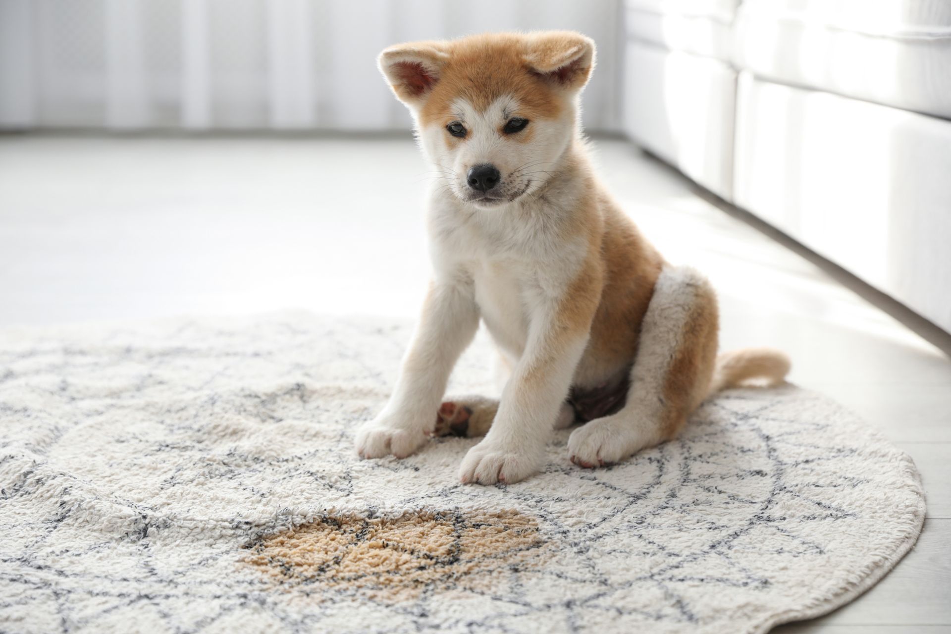 Puppy Near Puddle on Rug — Penrith, NSW — Jet Carpet Cleaning and Services