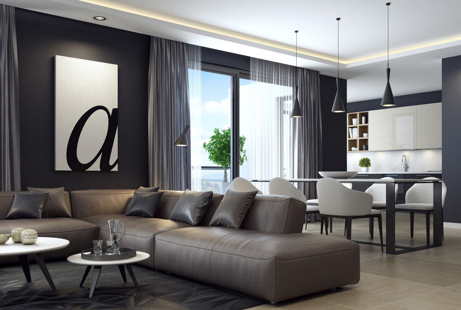 Modern living room with dark walls, leather sofa, dining area, and large window.