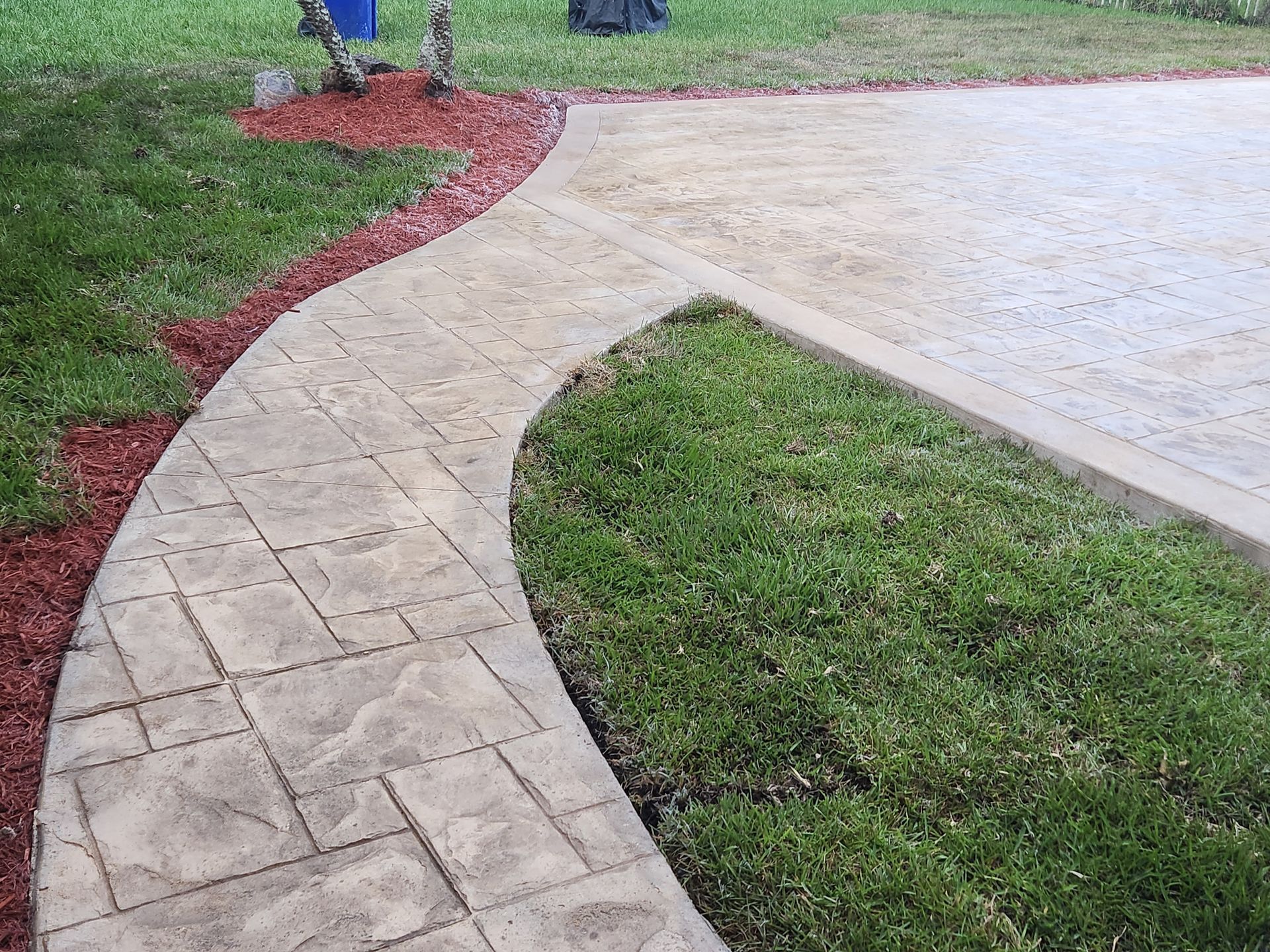 A concrete walkway going through a lush green yard.