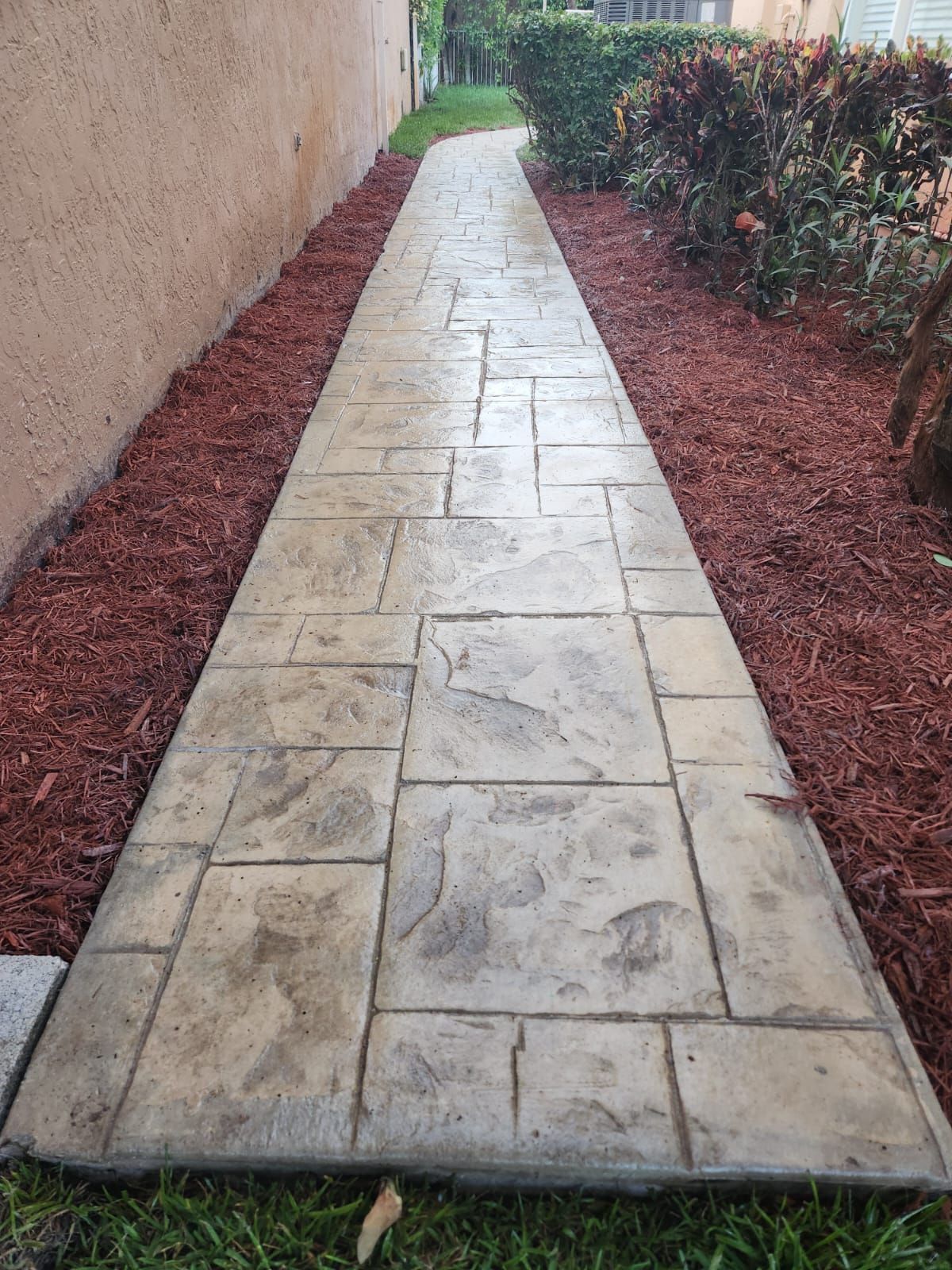 A concrete walkway leading to a house with red mulch on the side.