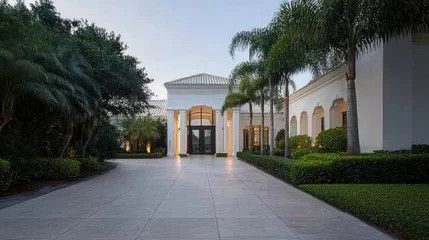 Long, white driveway leading to a large, white mansion with palm trees and green landscaping.