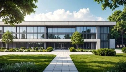 Modern two-story building with glass windows, white exterior, and manicured lawn. Trees frame the building under a sunny sky.