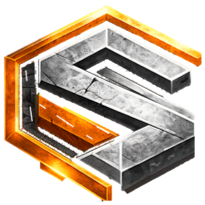 Hexagonal logo with gold border and stone-like gray and orange inner shapes.