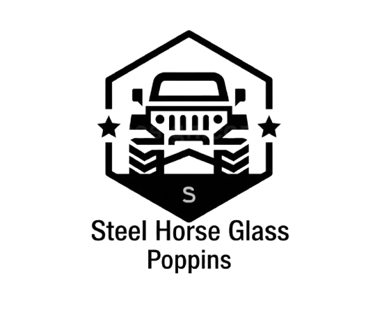 Logo of an off-road vehicle inside a hexagon, with "Steel Horse Glass Poppins" below.