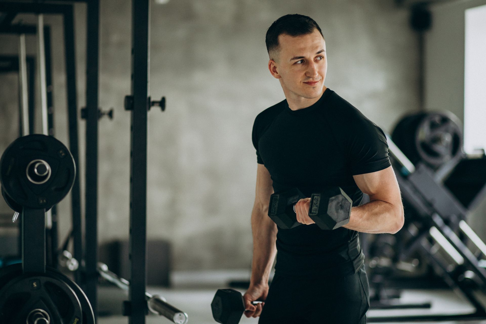 A man is lifting a dumbbell in a gym.