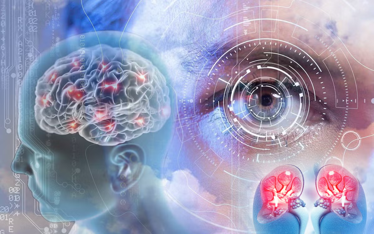 Een zonsondergang met een stralende zon, pluizige wolken en vogels in vlucht.