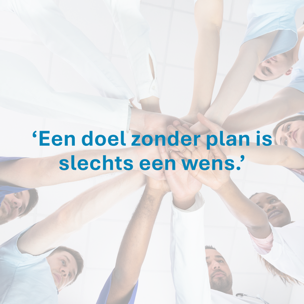 Handen in een kring, tekst: 'Een doel zonder plan is slechts een wens.'