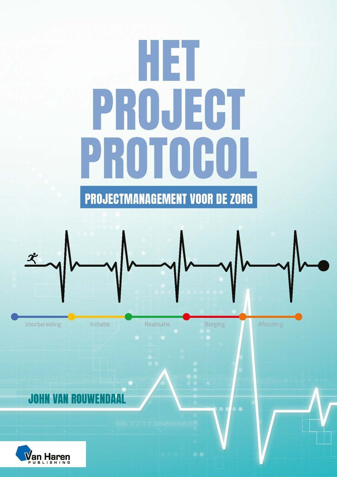 Blauwe afbeelding: hardloper met hartslaglijn, tekst