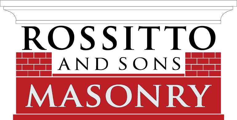 Logo for Rossitto and Sons Masonry: text on red and white brick background, topped by decorative cornice.
