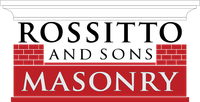 Logo for Rossitto and Sons Masonry: text on red and white brick background, topped by decorative cornice.