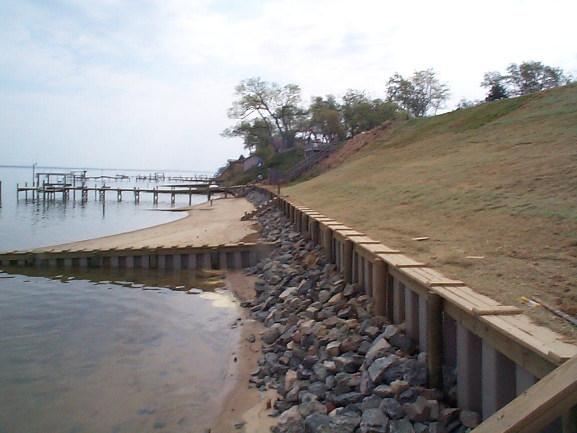 Excavation And Grading — Seawall With Wooden Dock And Stairs in Shacklefords, VA