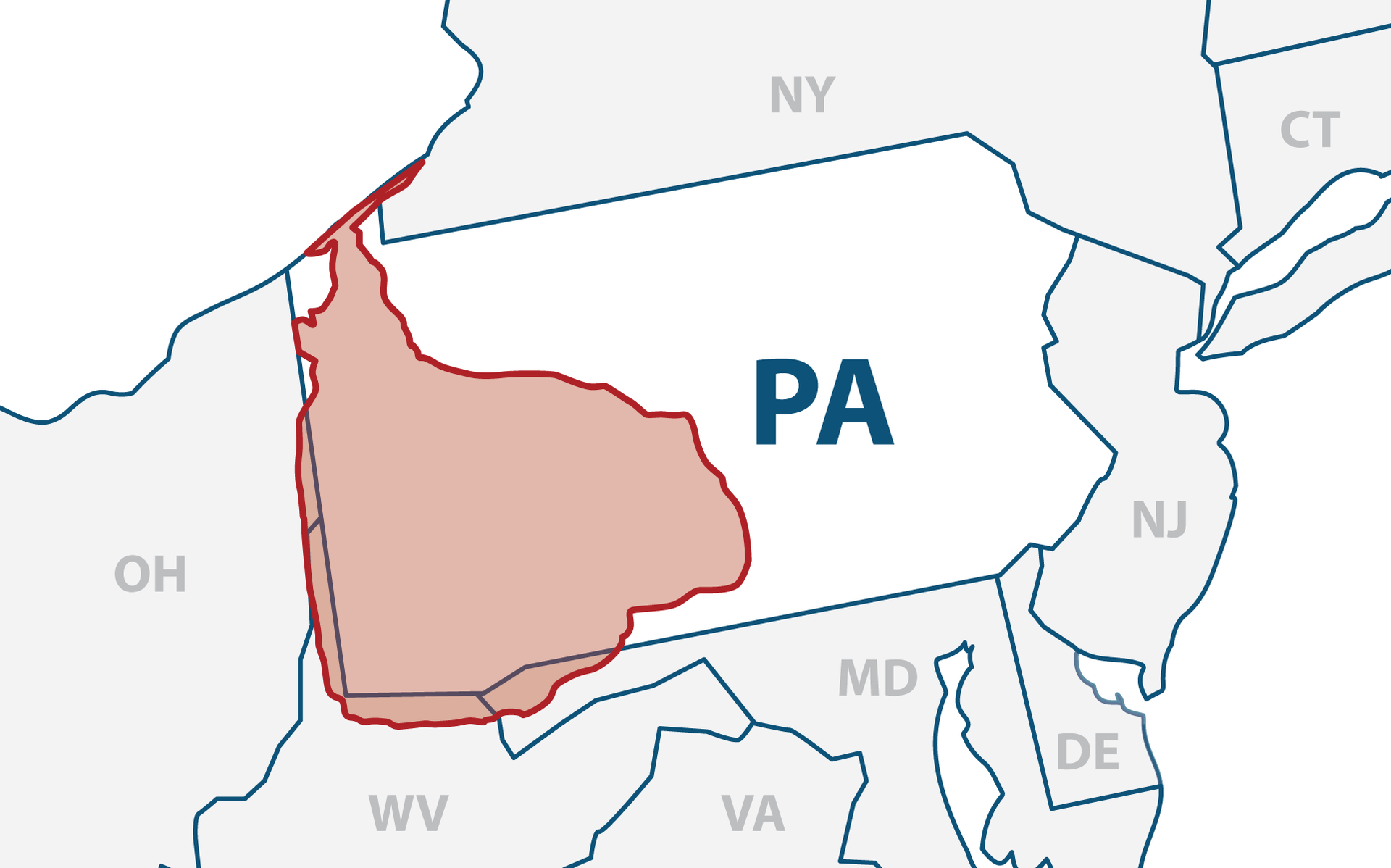 Map highlighting Pennsylvania (PA) and surrounding states in the northeastern U.S.