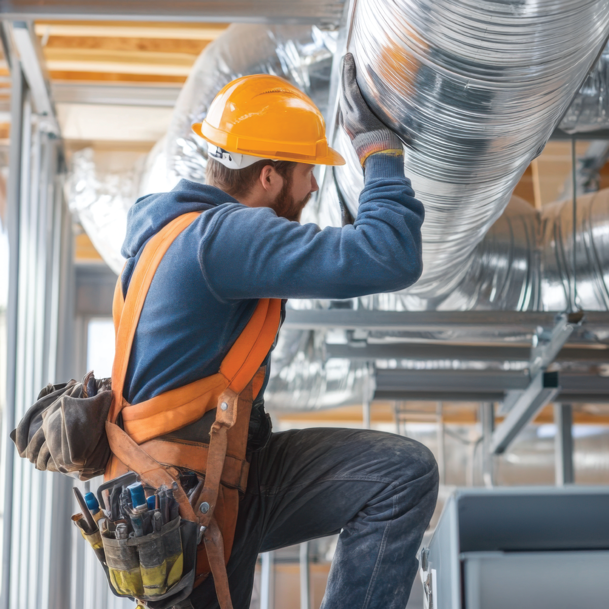 Construction worker installing ductwork in a building, wearing safety gear and hard hat.