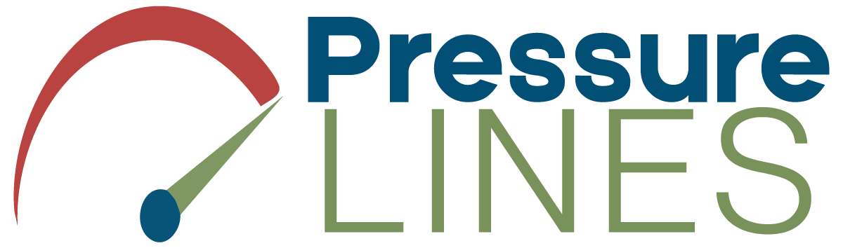 Logo of Pressure Lines: a red arc, green and blue needle, and text
