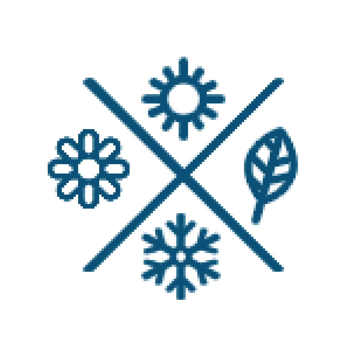 Icons representing the four seasons: flower, sun, snowflake, and leaf, crossed out.