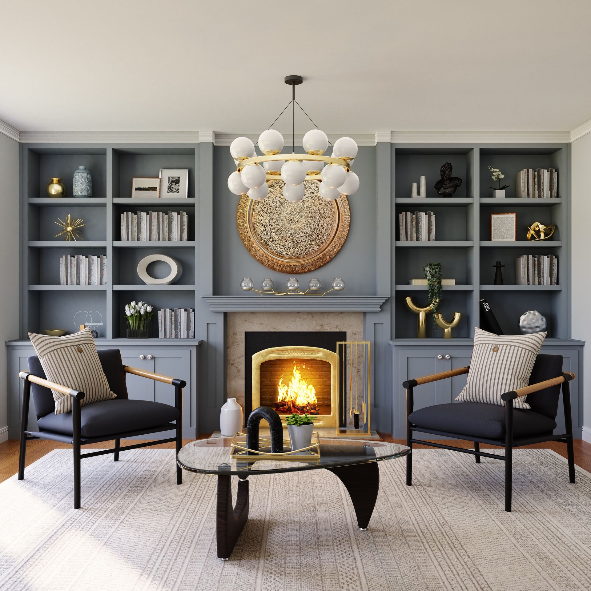 Spacious living room with a contemporary round chandelier hanging from the ceiling.