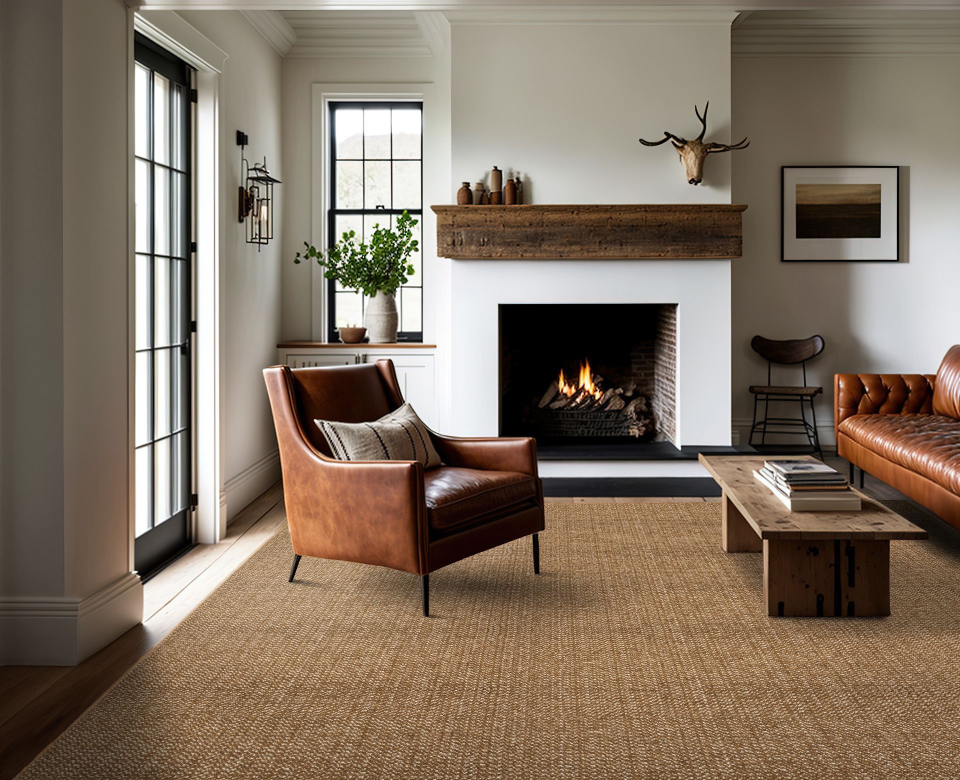 Cozy living room with fireplace, leather chair, brown couch, and tan textured carpet.