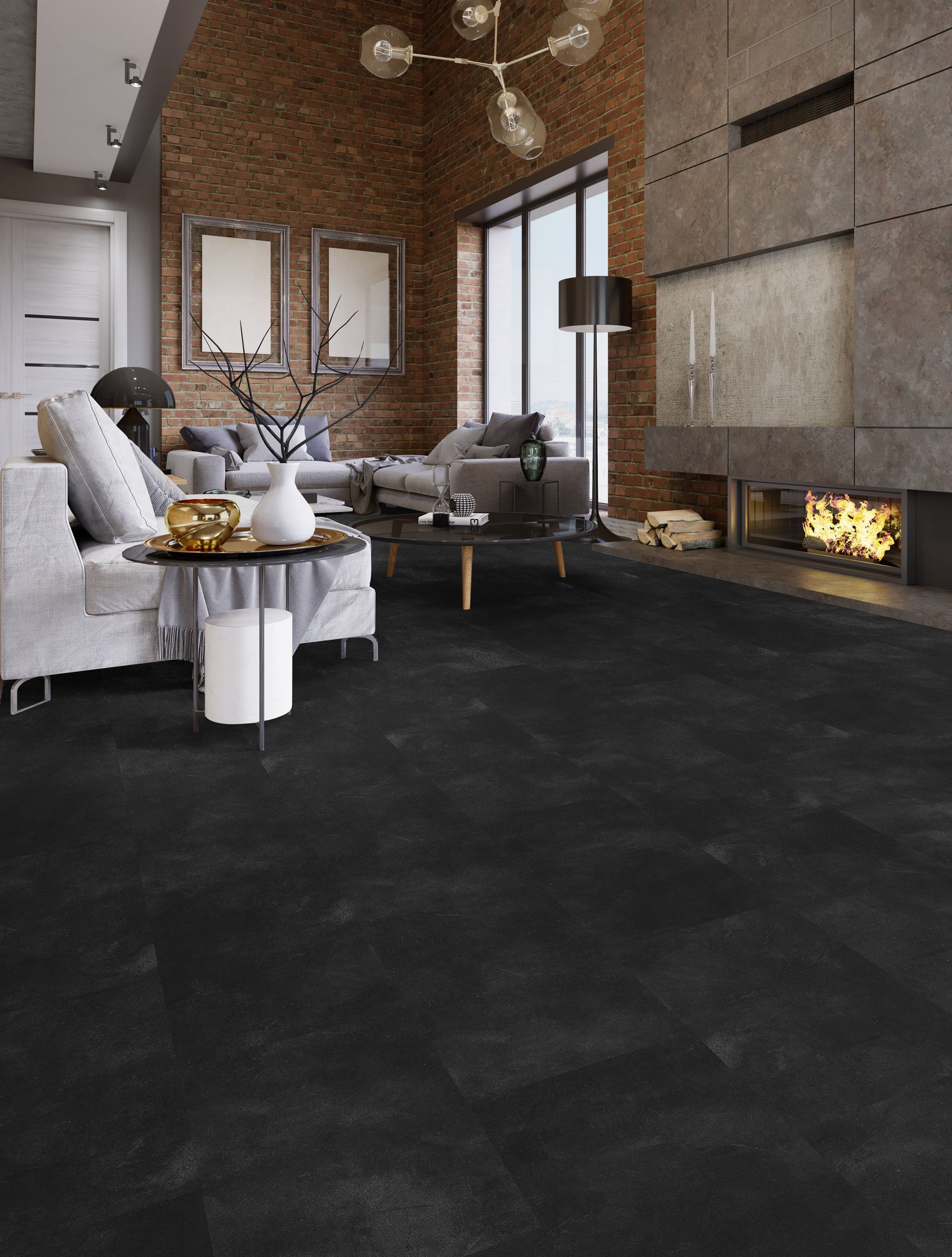 Modern living room with dark floor, large fireplace, white sofa, and brick walls with mirrors and a ceiling fan