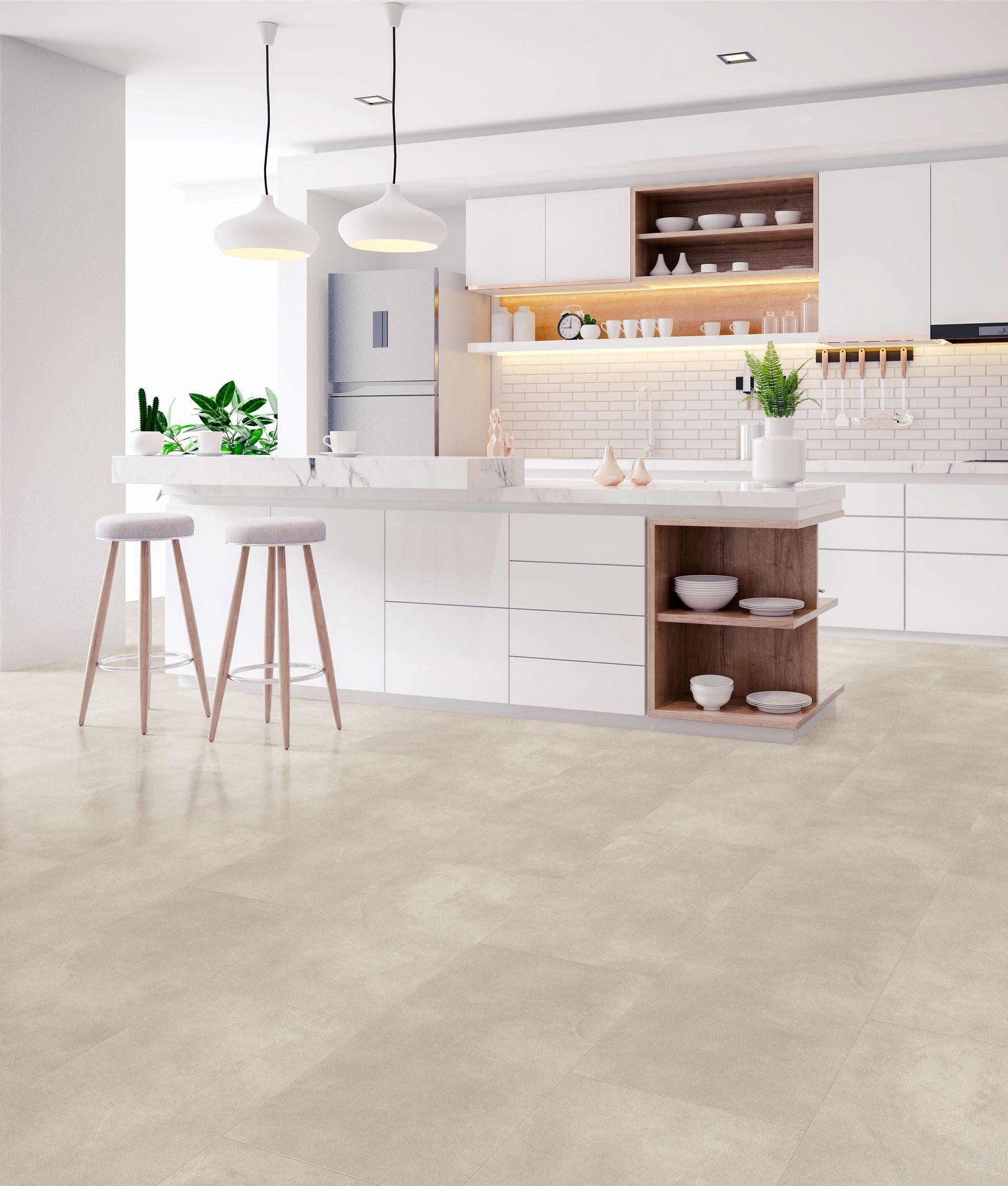 Bright modern kitchen with white cabinets, island, stools, and light beige floor.