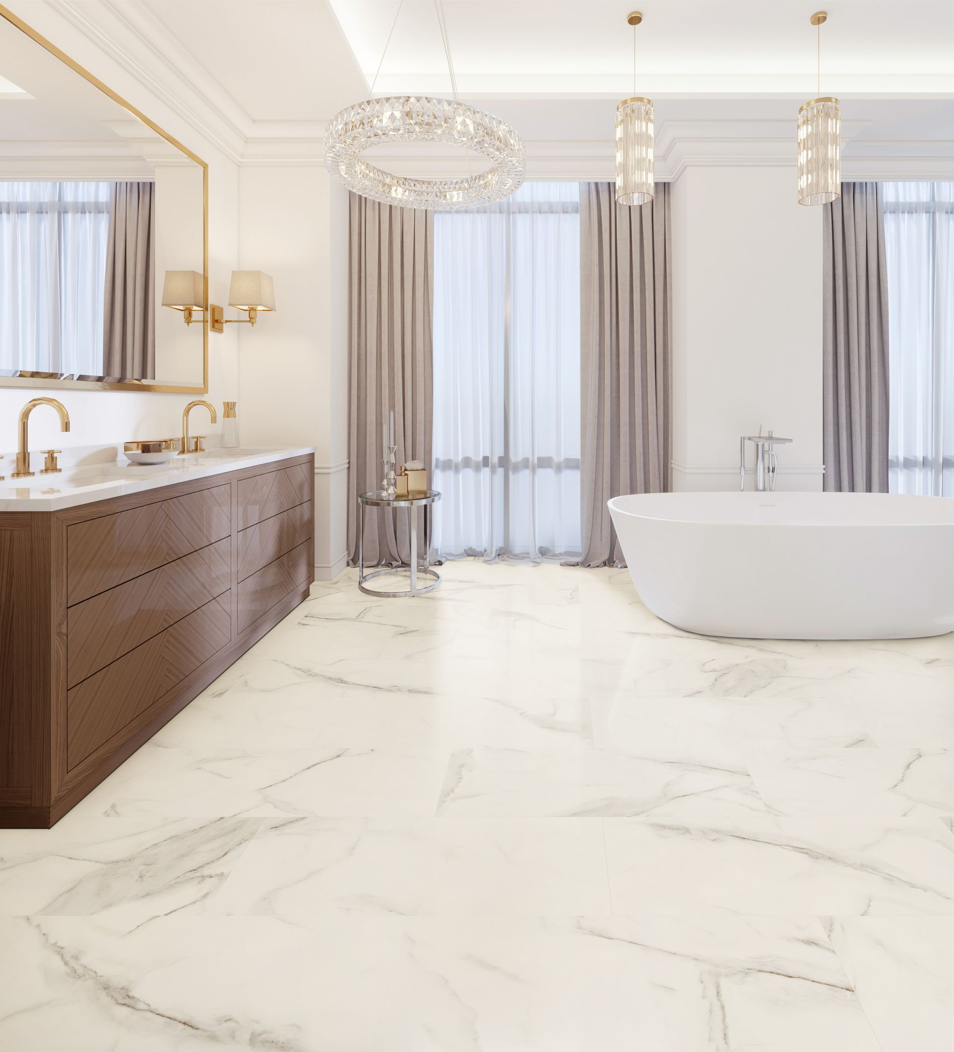 Luxurious white bathroom with freestanding tub, wood vanity, gold fixtures, and marble floor