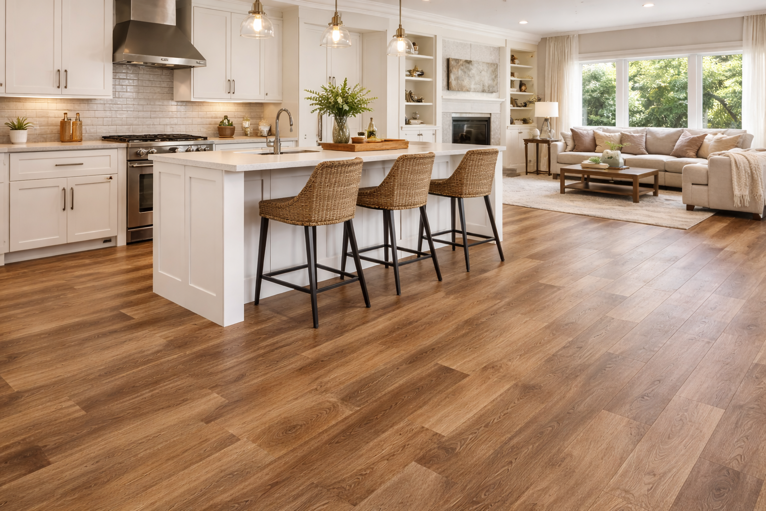 Open-concept kitchen and living area with wood flooring. White cabinets and island with bar stools. Living area with sofa.