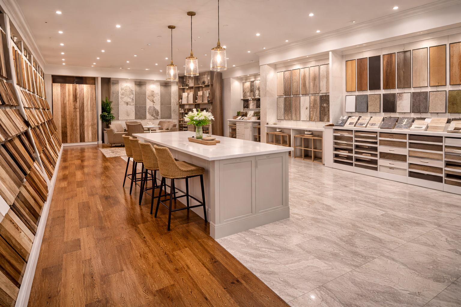A showroom displaying various wood and tile flooring samples, with a kitchen island and seating in the center.