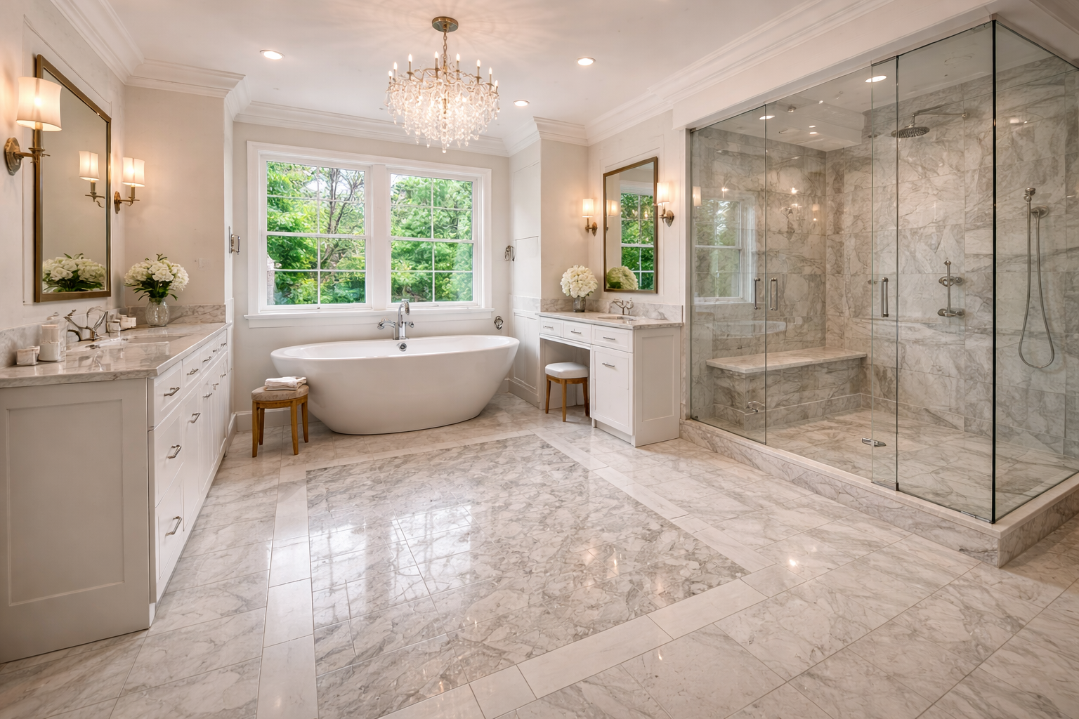 Luxurious white marble bathroom with a soaking tub, glass shower, and chandelier.