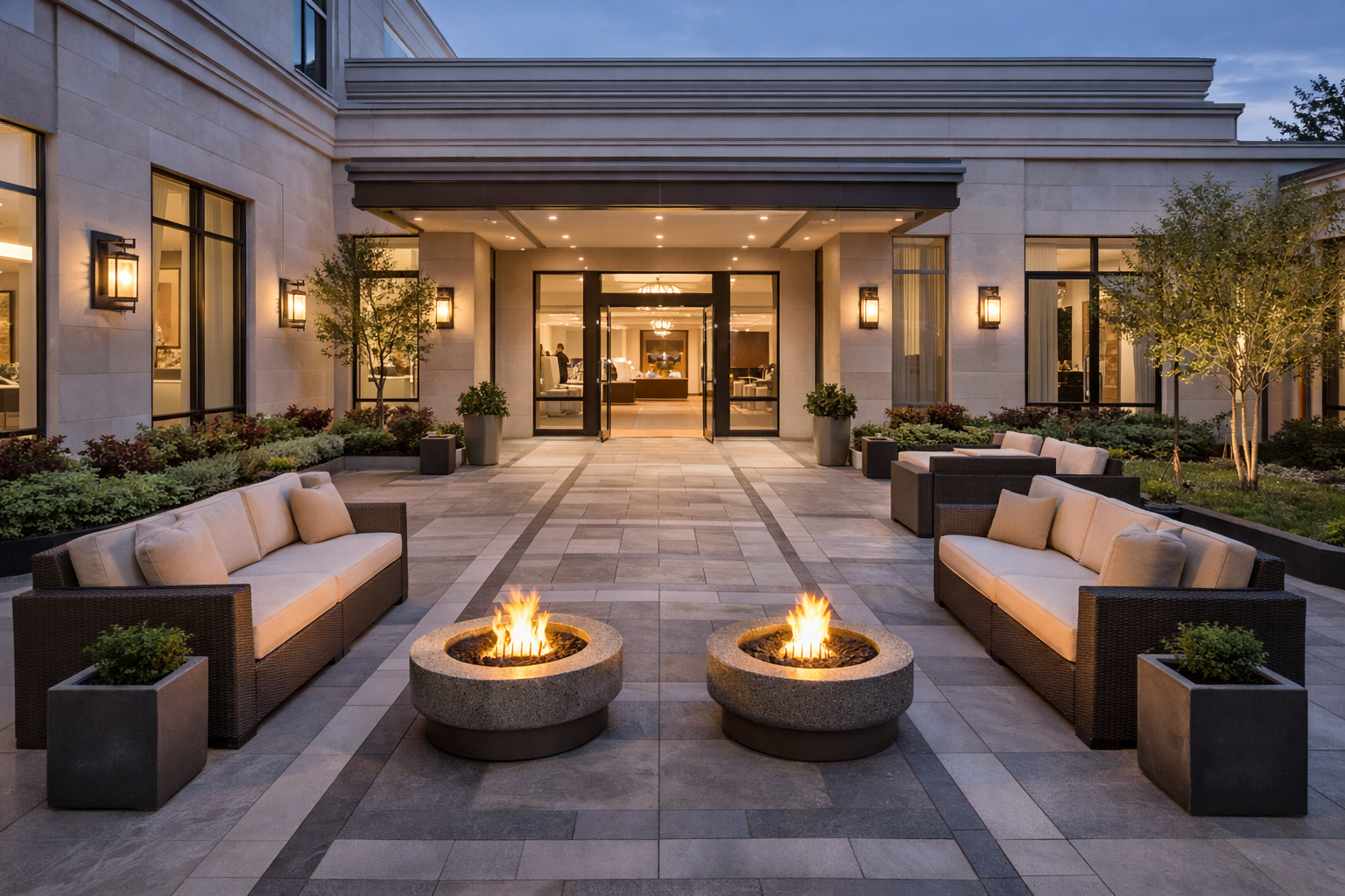 Exterior patio with lit fire pits, sofas, potted plants, and entrance doors.