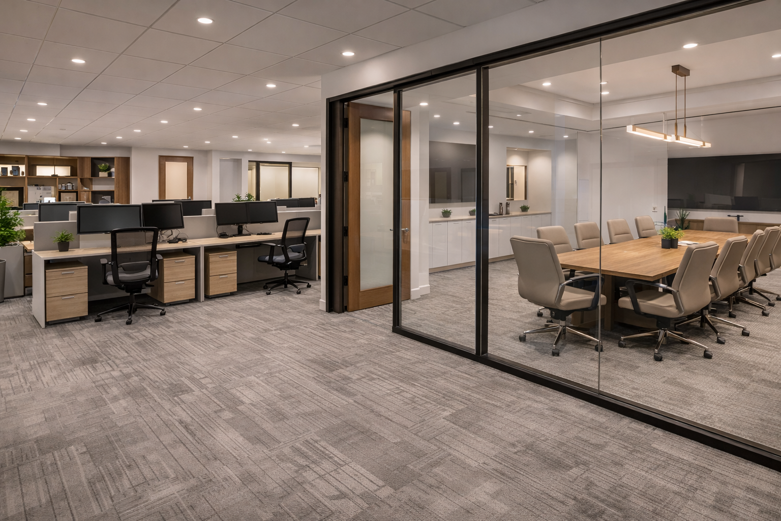 Modern office interior with workstations, conference room visible through glass wall.