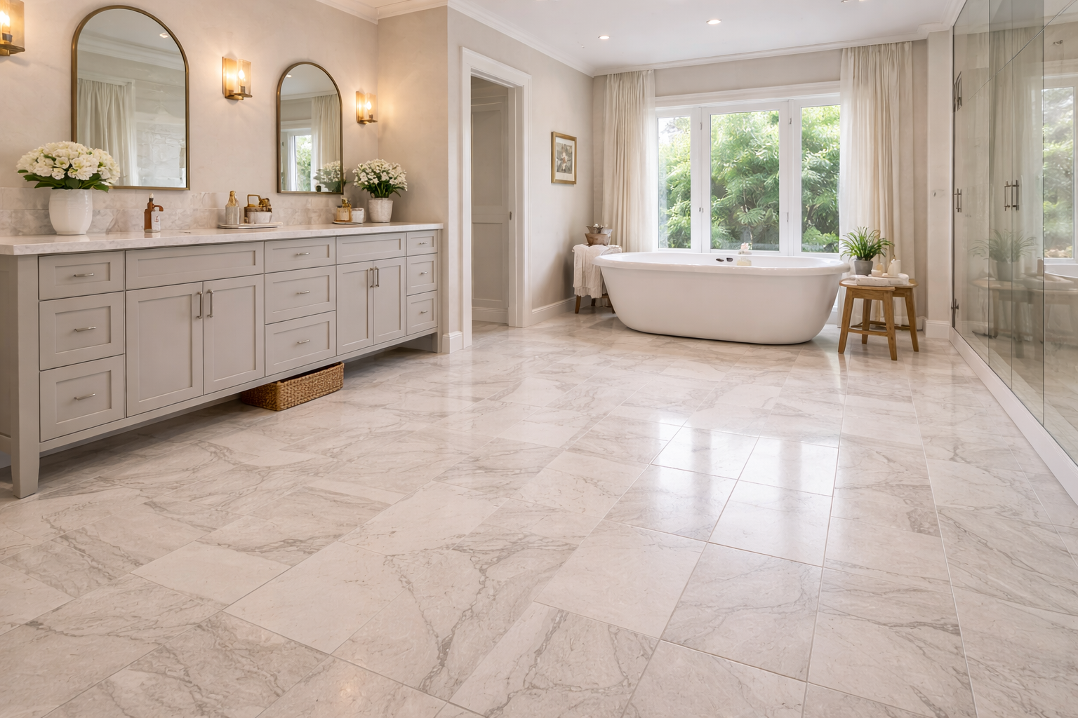 Elegant, bright bathroom with white marble floors, a freestanding tub, and a large window.