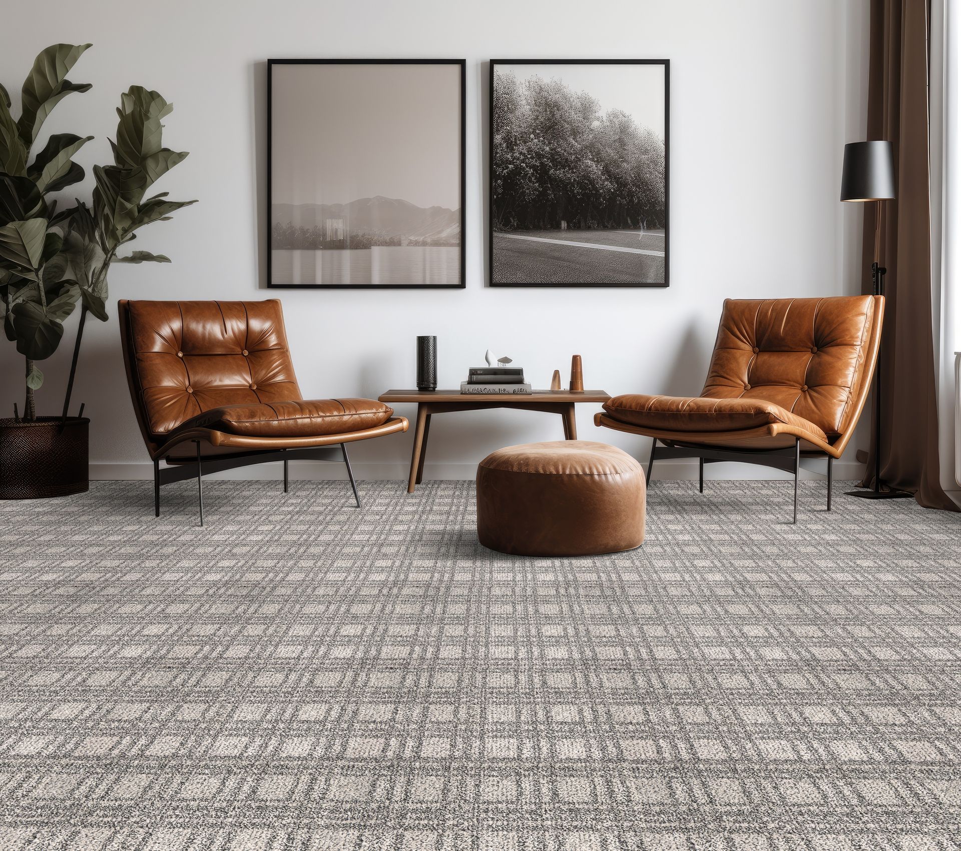 Living room with two leather chairs, a small table, and patterned carpet.