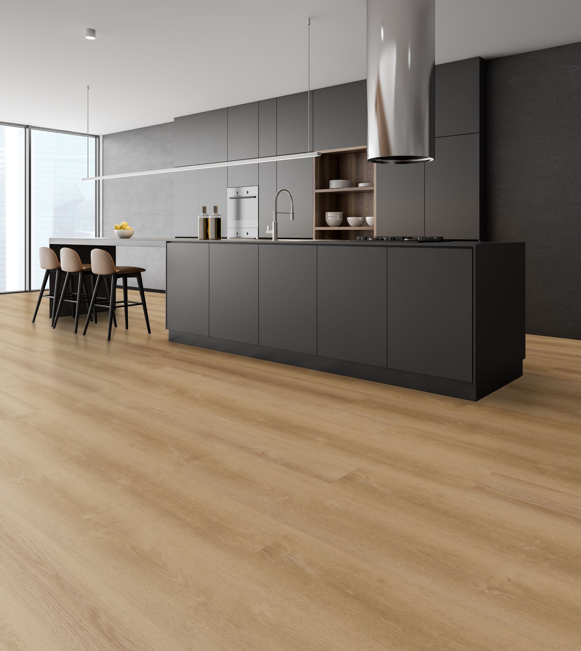 Modern kitchen with dark island, wood floor, bar stools, and stainless range hood.