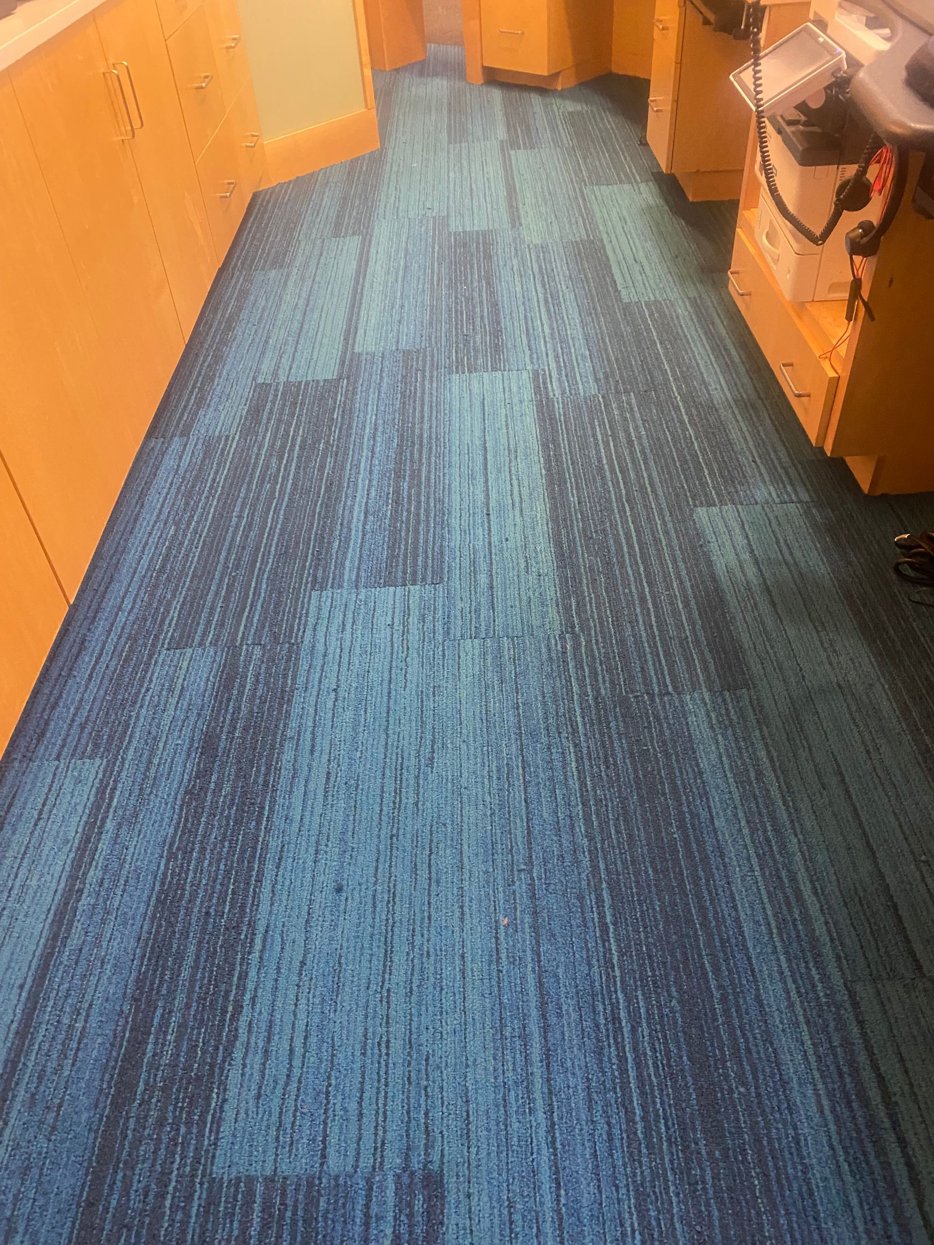 Blue carpeted hallway with orange walls and cabinets, viewed down the corridor