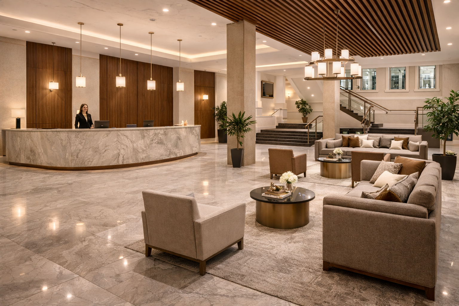 Hotel lobby with reception desk, seating area, and staircase. Marble and wood elements, neutral colors, and plants.