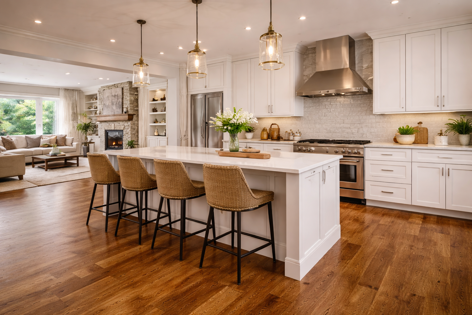 Spacious kitchen with a large island, white cabinets, stainless steel appliances, and wooden floors.