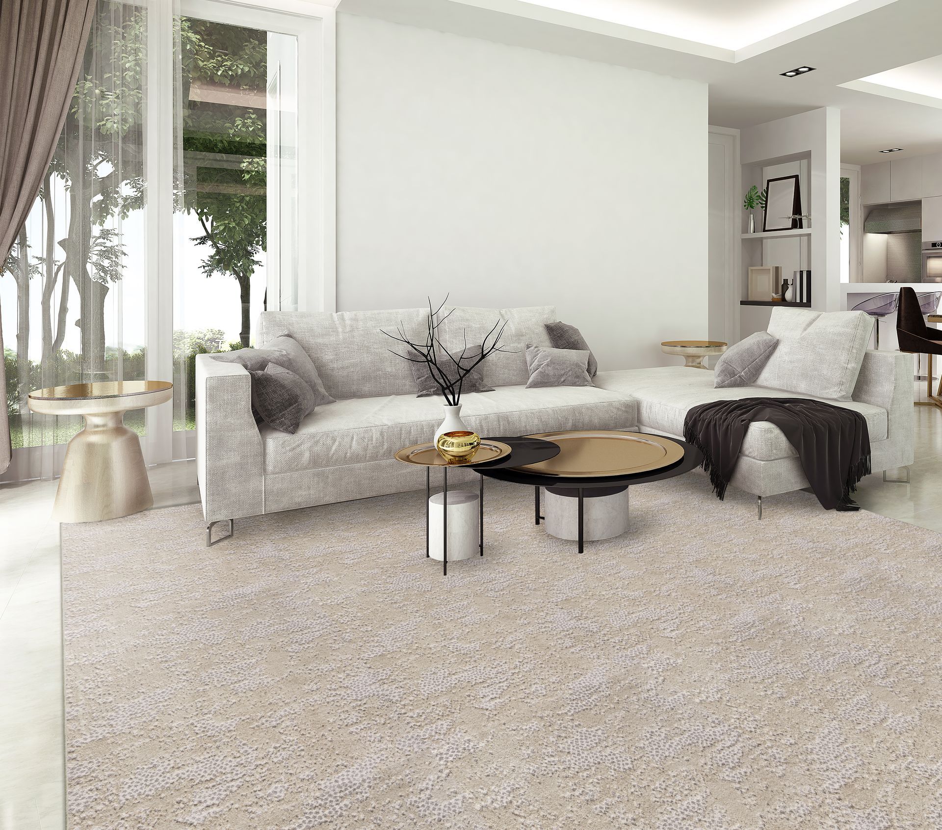 Living room with beige carpet, white couch, armchair, round coffee tables, and large windows.