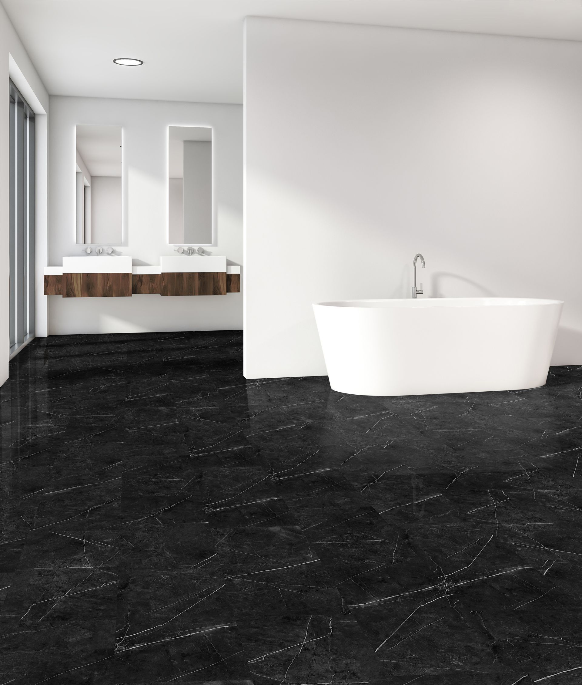 Modern bathroom with white tub, vanity, and dark textured floor in a minimalist interior