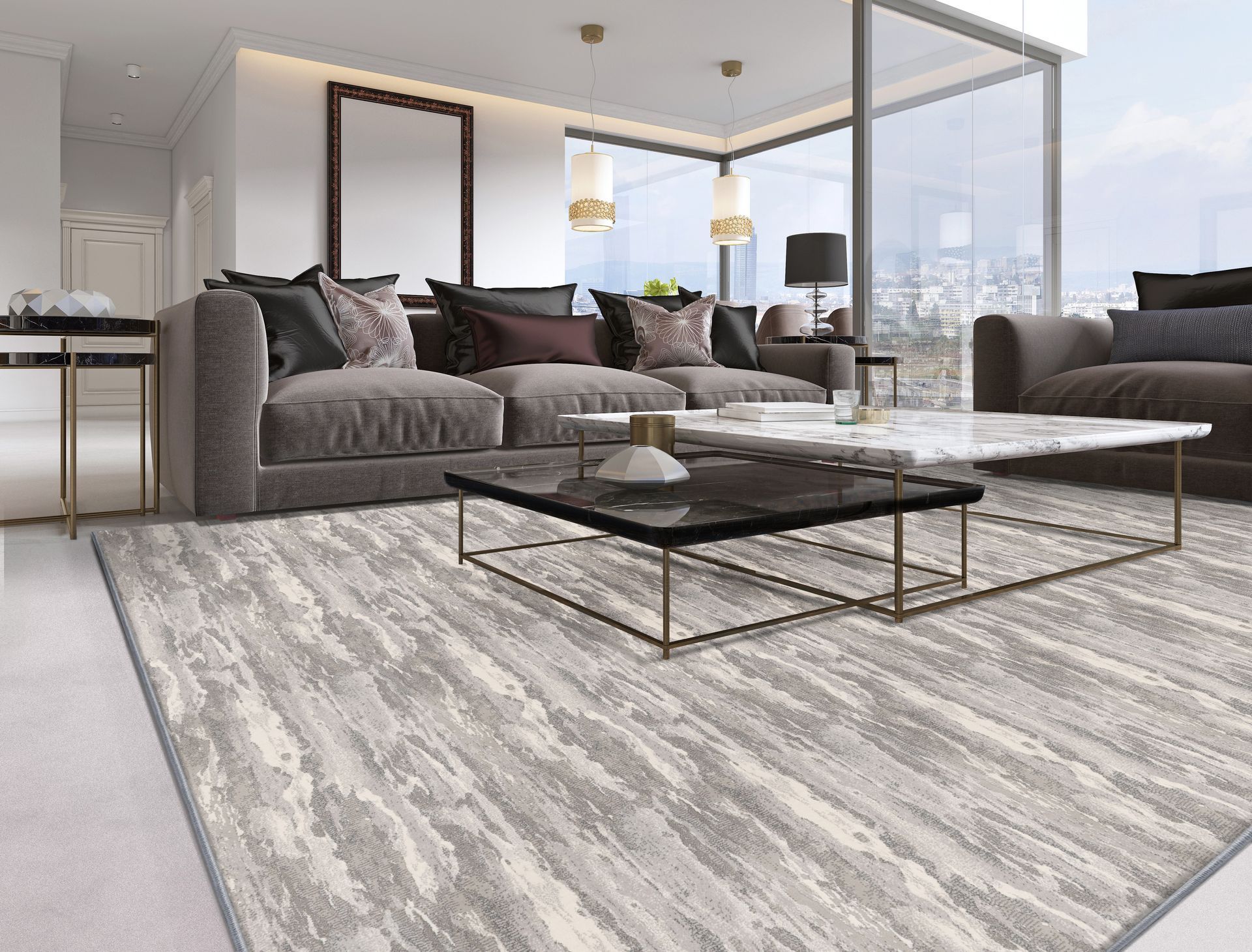 Living room with gray sofas, marble coffee table, area rug, and floor-to-ceiling windows.