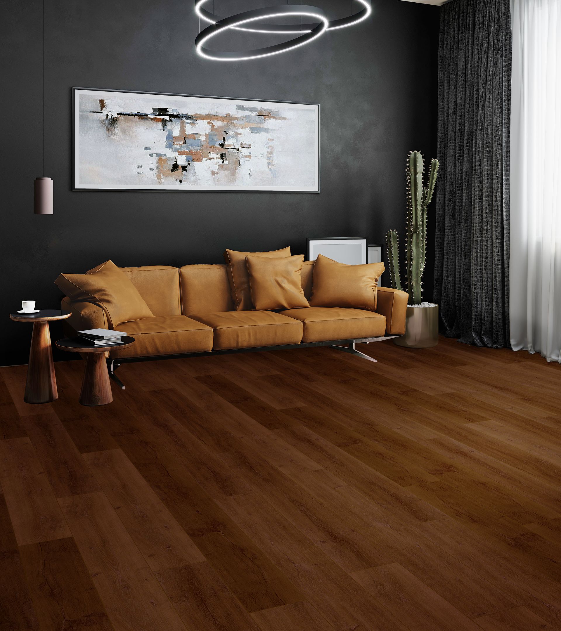 Modern living room with mustard sofa, abstract wall art, dark walls, and wood flooring.