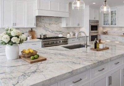White kitchen with marble countertops, stainless steel appliances, and white cabinets.