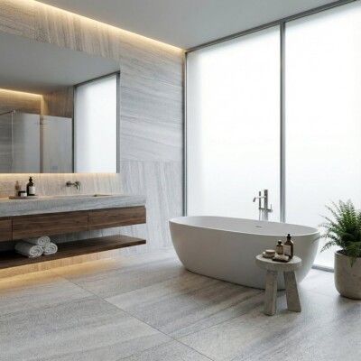 Modern bathroom with a bathtub, large window, wooden vanity, and tiled floor.