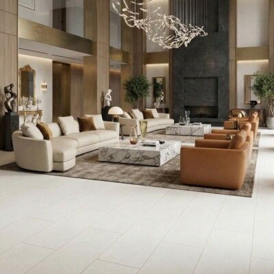 Lobby with beige sofas, brown chairs, marble tables, and a large chandelier. Light-colored tile floors.