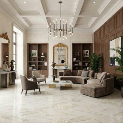 Luxurious living room with neutral colors, furniture, and a chandelier.
