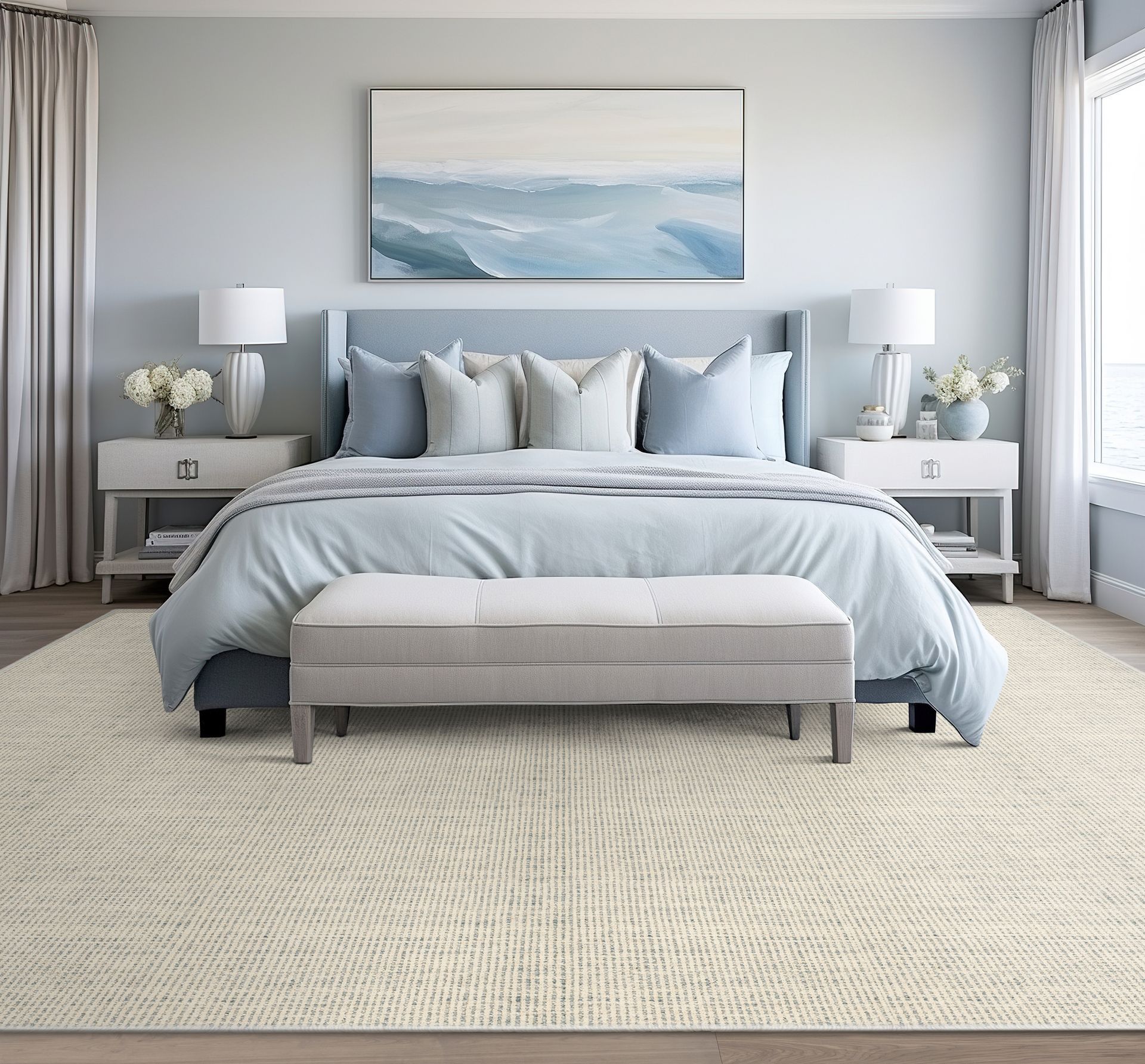 Bedroom with blue walls, bed, rug, nightstands, and artwork. Soft colors and a calming atmosphere.