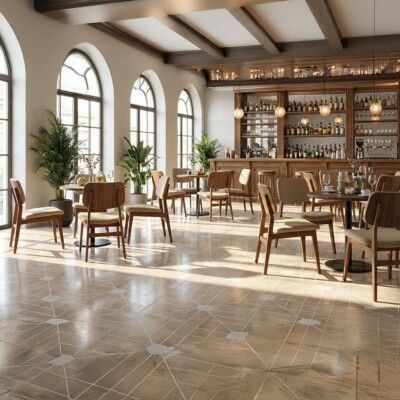 Restaurant interior with arched windows, bar, wooden tables, chairs, and tiled floor.