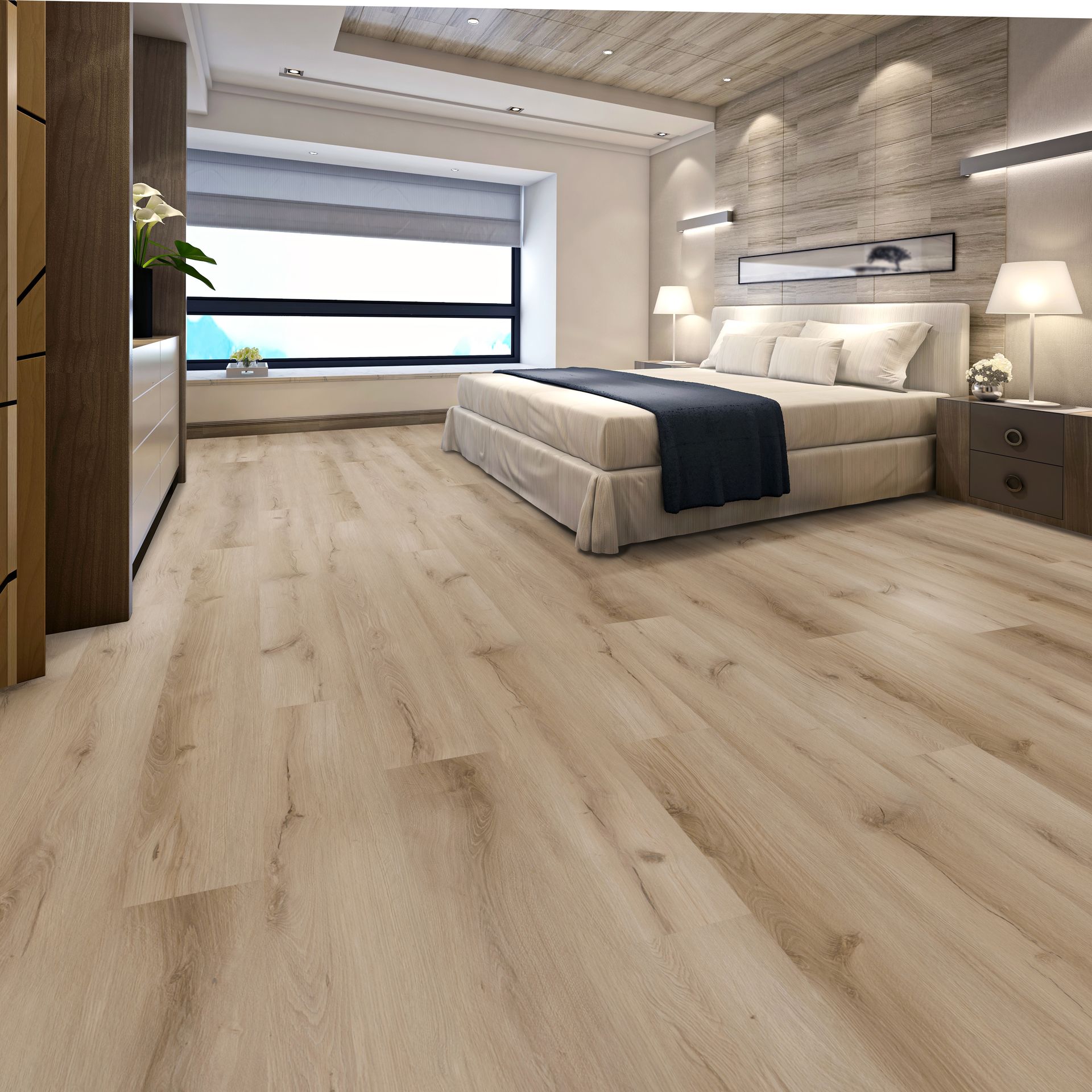 Modern minimalist bedroom with a large bed, wood floors, and a wide window with blinds.